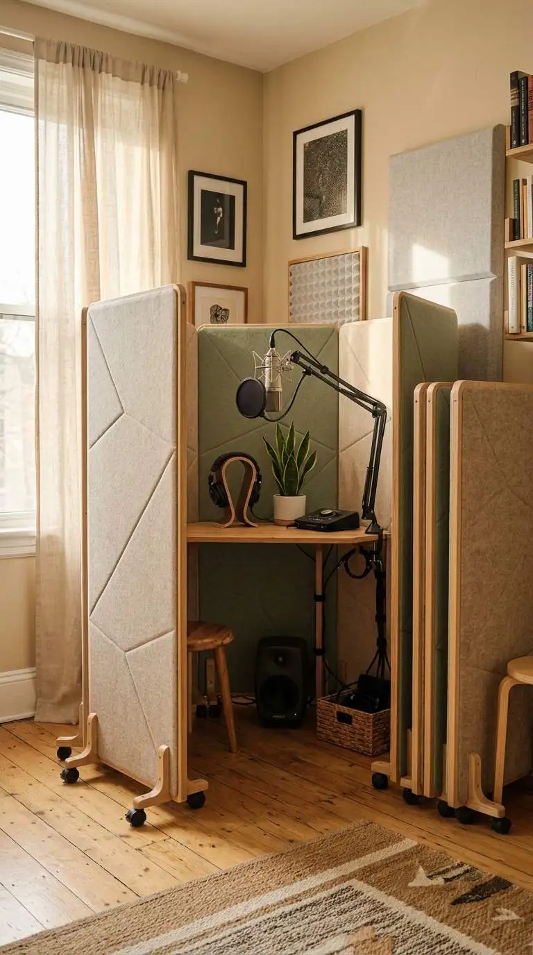Foldable acoustic panels on castors forming a small vocal booth in a corner