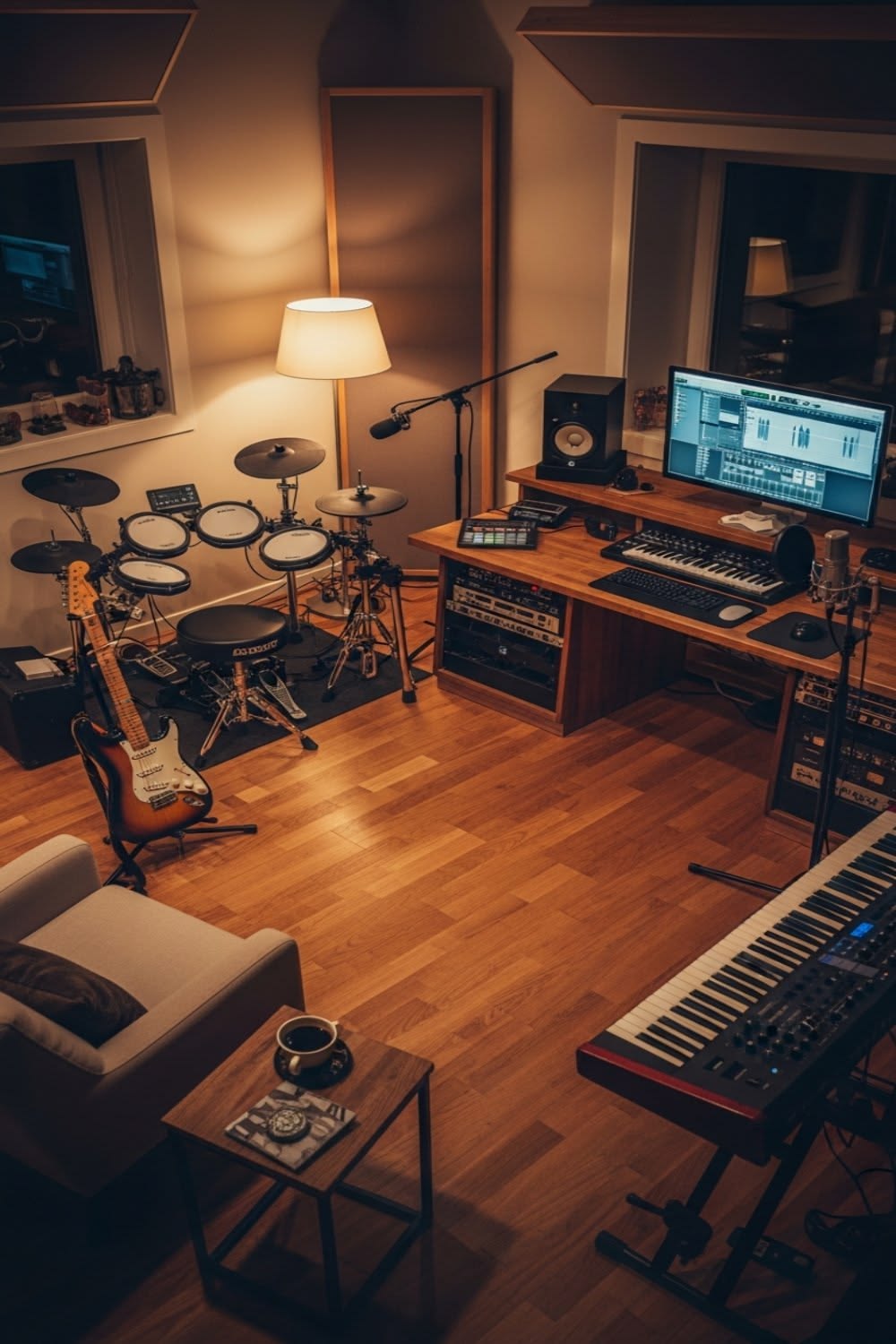 A warm studio corner lit by a single floor lamp, with an electronic drum kit, guitar and a sofa