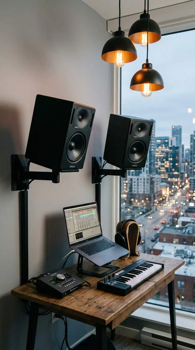 Two studio monitors on wall-mounted arms above a desk with a laptop and keyboard