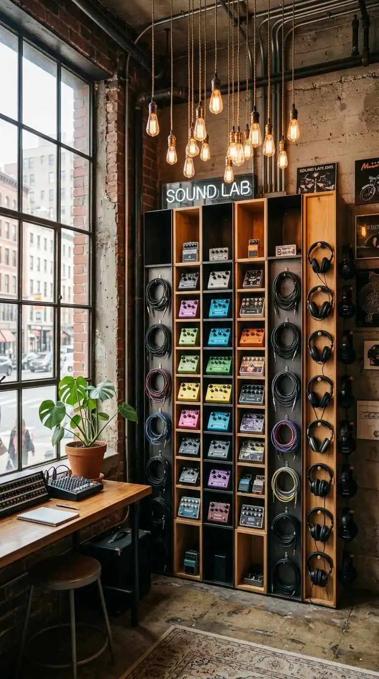A tall shelf and hook installation holding pedals, cables and headphones
