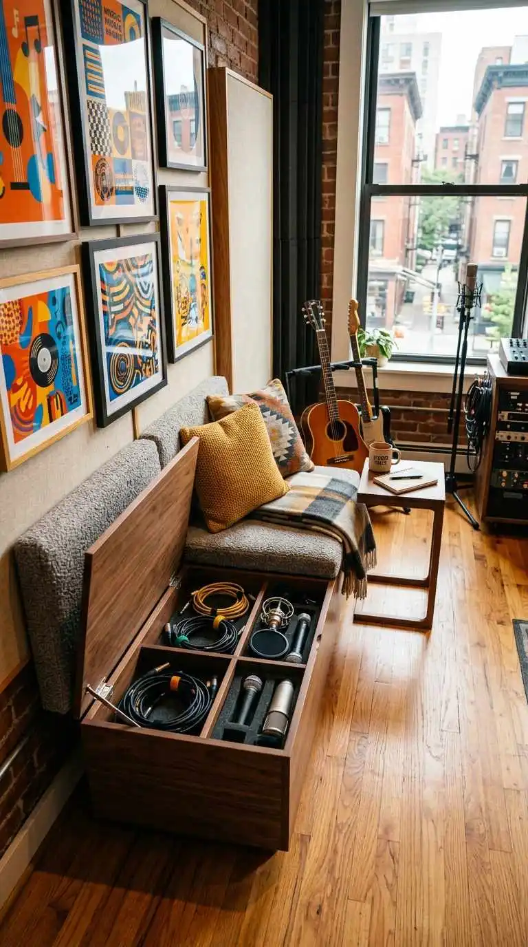 A wooden storage bench sofa opened to reveal cables and mics stored inside