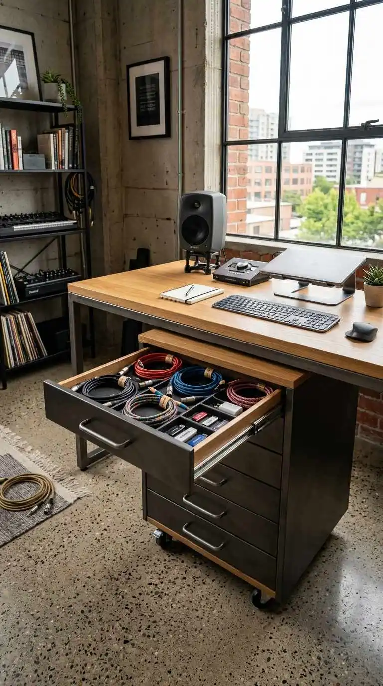 An under-desk drawer neatly holding colour-coded coiled cables