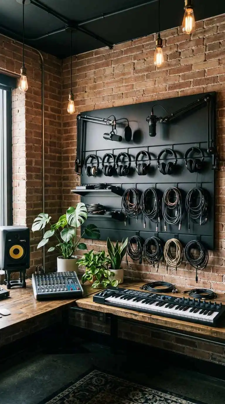 A dark panel on brick wall holding headphones, mics and coiled cables